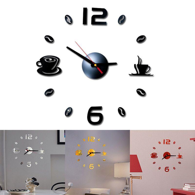 Элегантные 3D DIY Наклейки на стену в виде акрилового зеркала в форме кофейной чашки с часами для домашнего декора, наклейки-муралы
