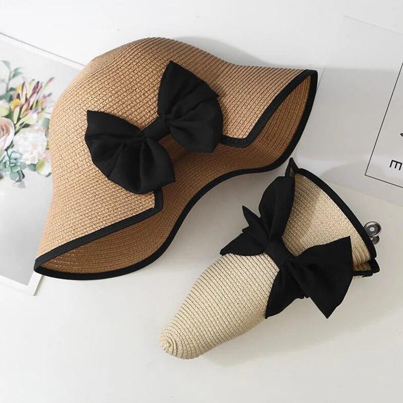 Летние соломенные шляпы для женщин, Панама с широкими полями и бантом, пляжная кепка для путешествий, женская складная шляпа от солнца с защитой от ультрафиолета