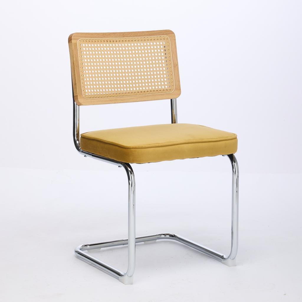 Mid Century Modern Dining Chairs Set of 2, Velvet Accent Chairs with Natural Cane Back & Stainless Chrome Base, Golden color, DE1851GL