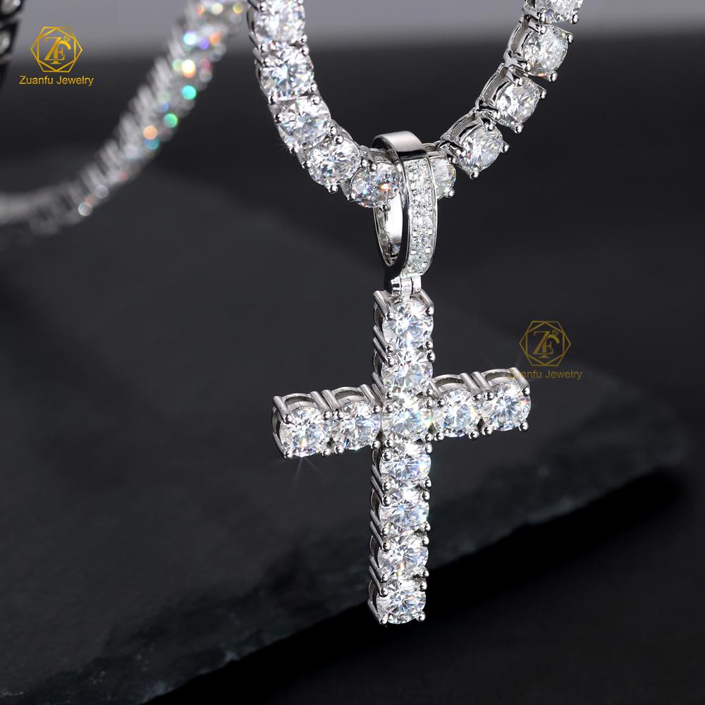 Ready to Ship 925 Silver Iced Out 5mm Round Brilliant VVS Moissanite Cross Pendant Hip Hop Style Gold Plated Men's Fine Jewelry