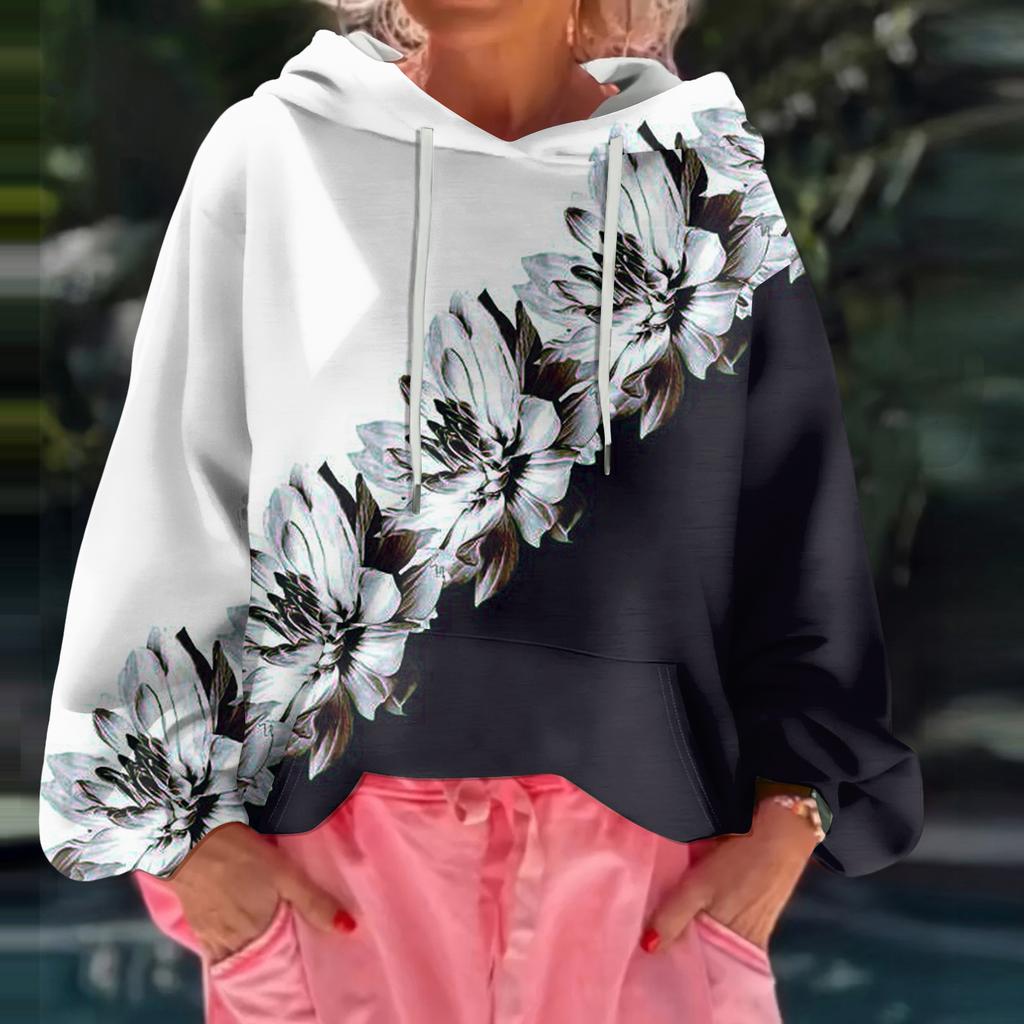 Women's Floral Print Loose Casual Long Sleeved Hooded Sweatshirt