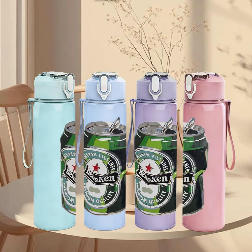 1PC Green Beer Beverage Can Pattern 750ml Color Plastic Sports Water Bottle Leakproof Flip Straw Lid Suitable for Sports Office Home Use