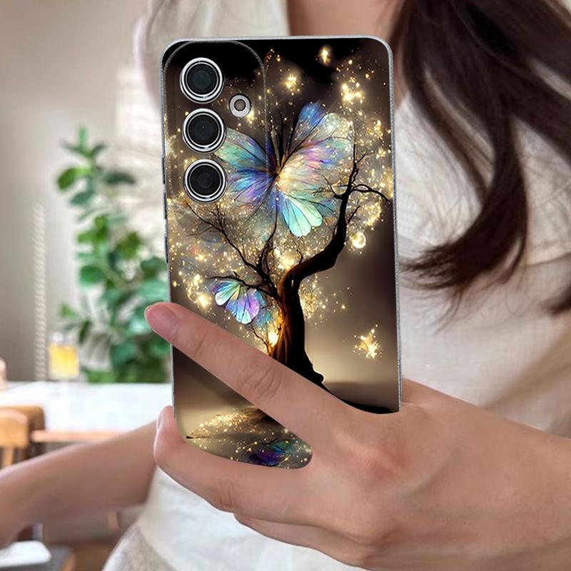 Чехол Shining Fantasy Tree с узором «Бабочки» для Samsung Galaxy S25 Edge S24 Ultra S23 S22 Plus S21 FE S26 Ultra Силиконовая крышка с текстурой кожи