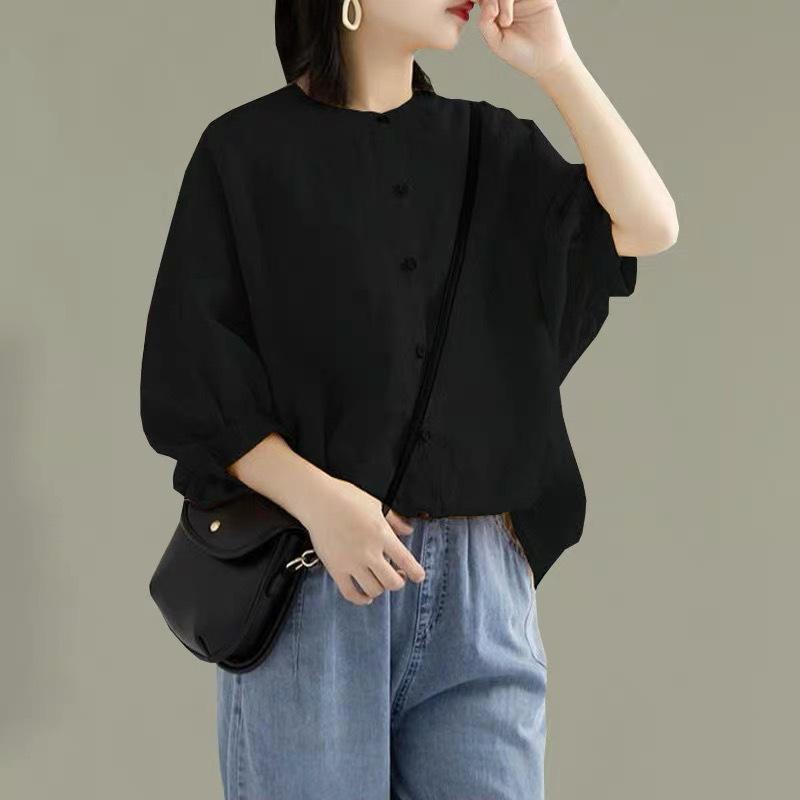 Women's Retro Cotton Linen Lantern Sleeve Blouse: Summer Mid-Sleeve, Loose Fit, Plus Size