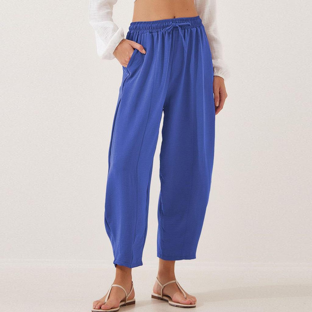 Брюки для женщин, повседневные, однотонные, летние, с эластичной талией, свободные, легкие, с завязками на шнурке, с карманами