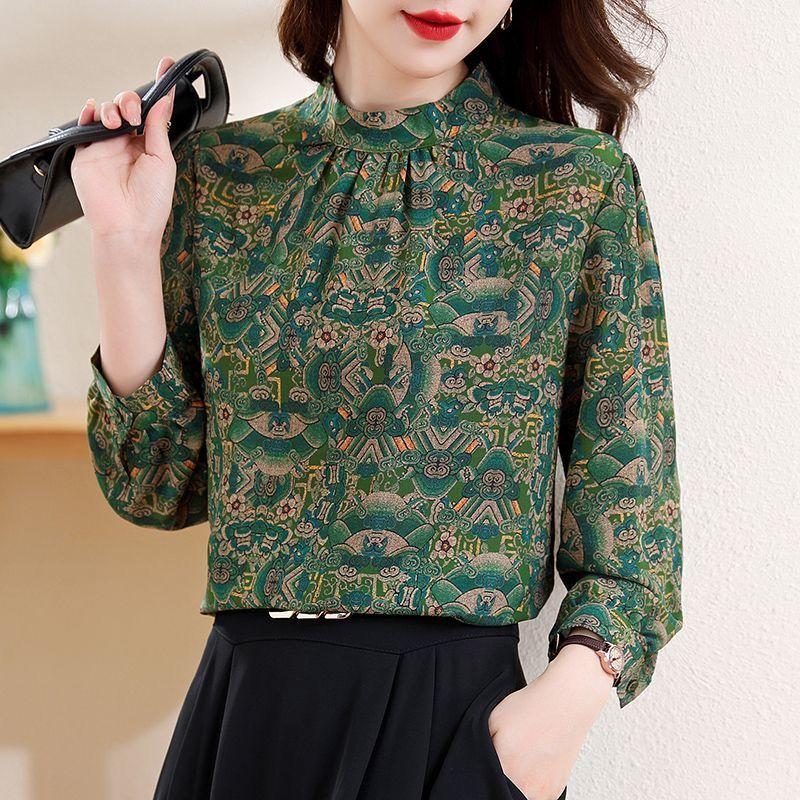 Принтованная рубашка для женщин 2025 лето новая стойка воротник модный пуловер универсальный элегантный повседневный свободный топ