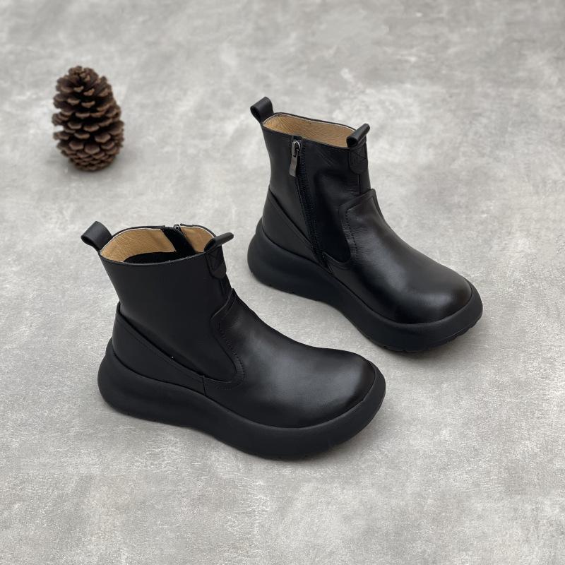 Fashion GKTINOO 2025 Autumn/Winter New Handmade Cowhide Thick Soled Short Boots Retro Round Toe Genuine Leather Women's Boots