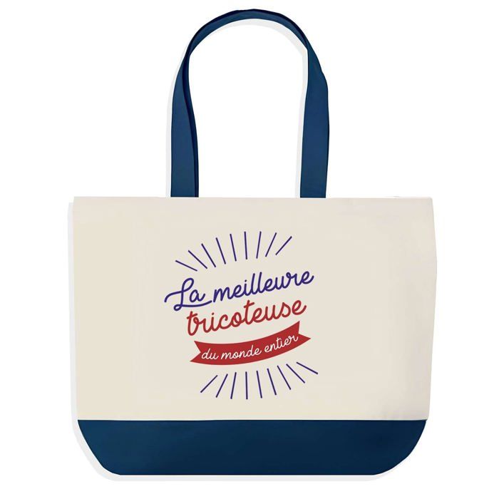 Sac shopping - PLANETEE - Sac shopping fond bleu Tricoteuse Meilleure du Monde - Bleu - Coton - 40x45 cm