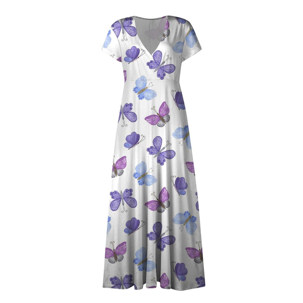 Женское длинное повседневное платье. Летнее платье с короткими рукавами и v-образным вырезом на талии с принтом.