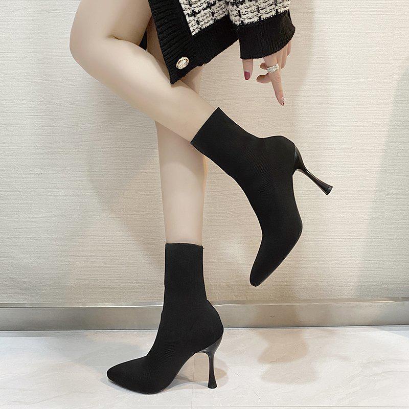 European Autumn/Winter Stiletto Knitted Wool Pointed Toe Sock Ankle Boots: Slimming, Elastic High Heels for Women.