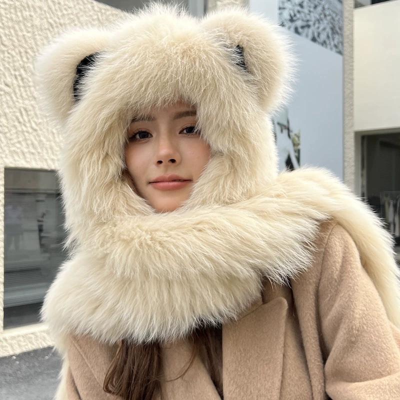 Шапка из меха лисы, шарф из меха медведя, встроенная меховая зимняя шапка для женщин, теплая двухсторонняя, из натурального волоса, мягкая, симпатичная, с ушками, уменьшающая возраст
