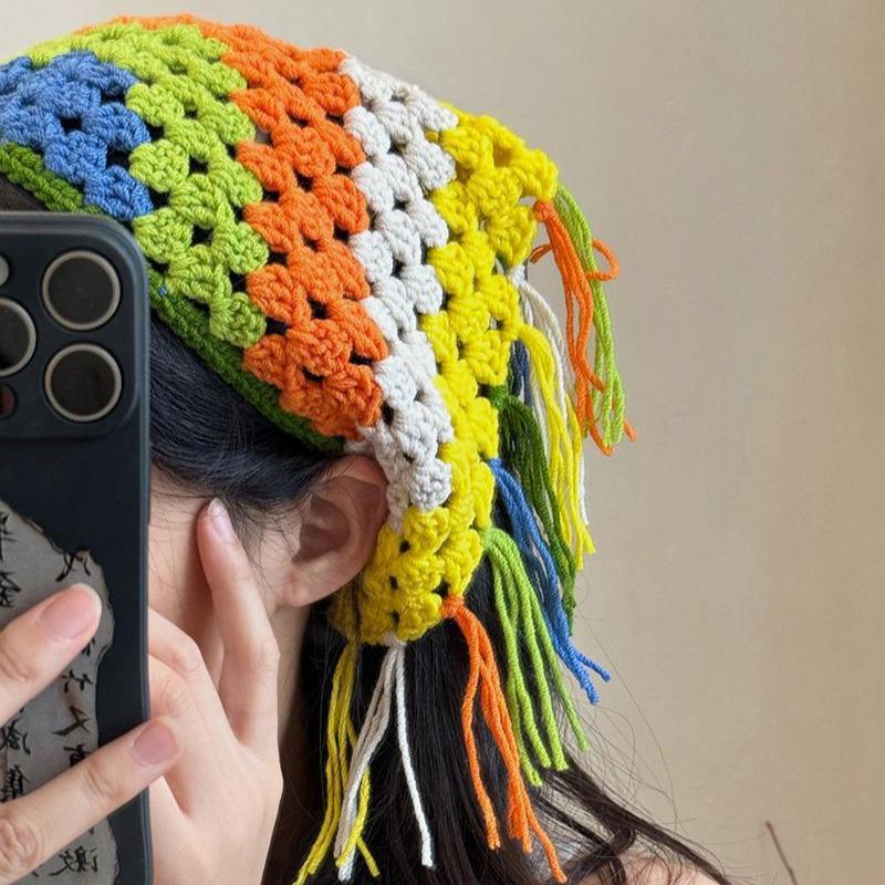 Ажурная треугольная косынка ручной вязки, богемный тюрбан, шарф для волос, многофункциональное использование, этнический стиль, пояс, декор