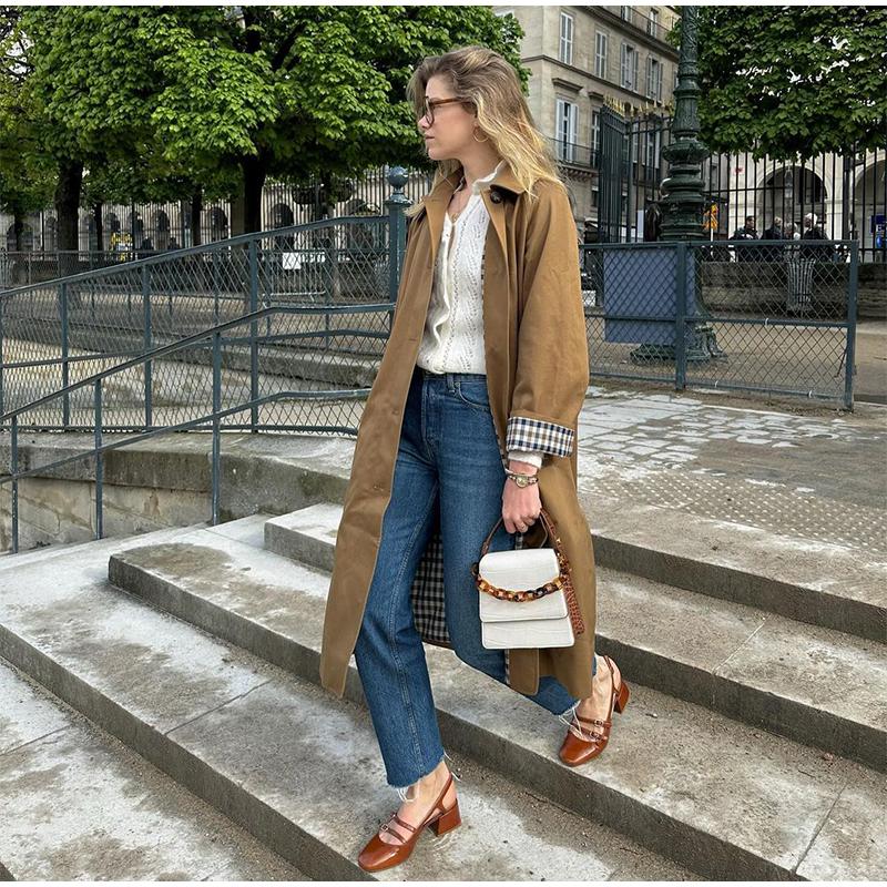 Подкладка из клетчатой ткани, однобортный лацкан с карманом, женские длинные рукава, универсальные длинные пальто, осеннее шикарное уличное пальто