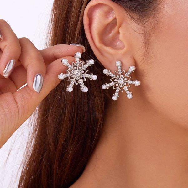 Colorful Crystal Christmas Snowflake Zircon Pearl Earrings Stud For Women Dangle Hook Xmas Party Fashion Jewelry Gift