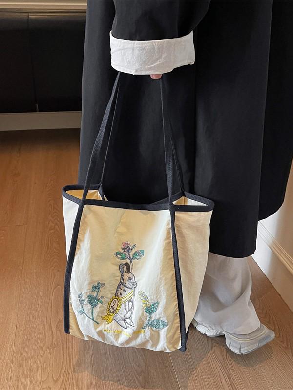 2025 Autumn Embroidered Nylon Tote: Large Capacity Fashion Shoulder Bag for Shopping & Commuting
