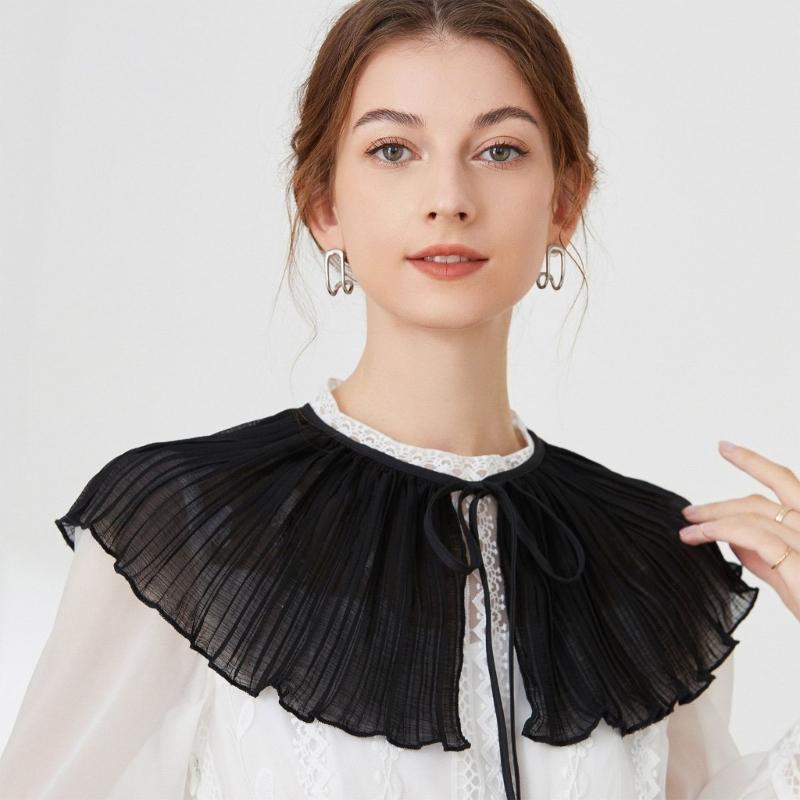 Women Girls Vintage Lolita False Fake Collar Shawl Sweet Ruffles Lace-Up Bow Decorative Necklace Choker Short Poncho
