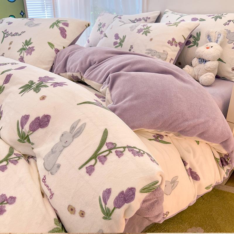 Winter Milk Flannel 4-piece Set Flange Plus Flannel Comforter Set Sheets Hats Bed 3-piece Set