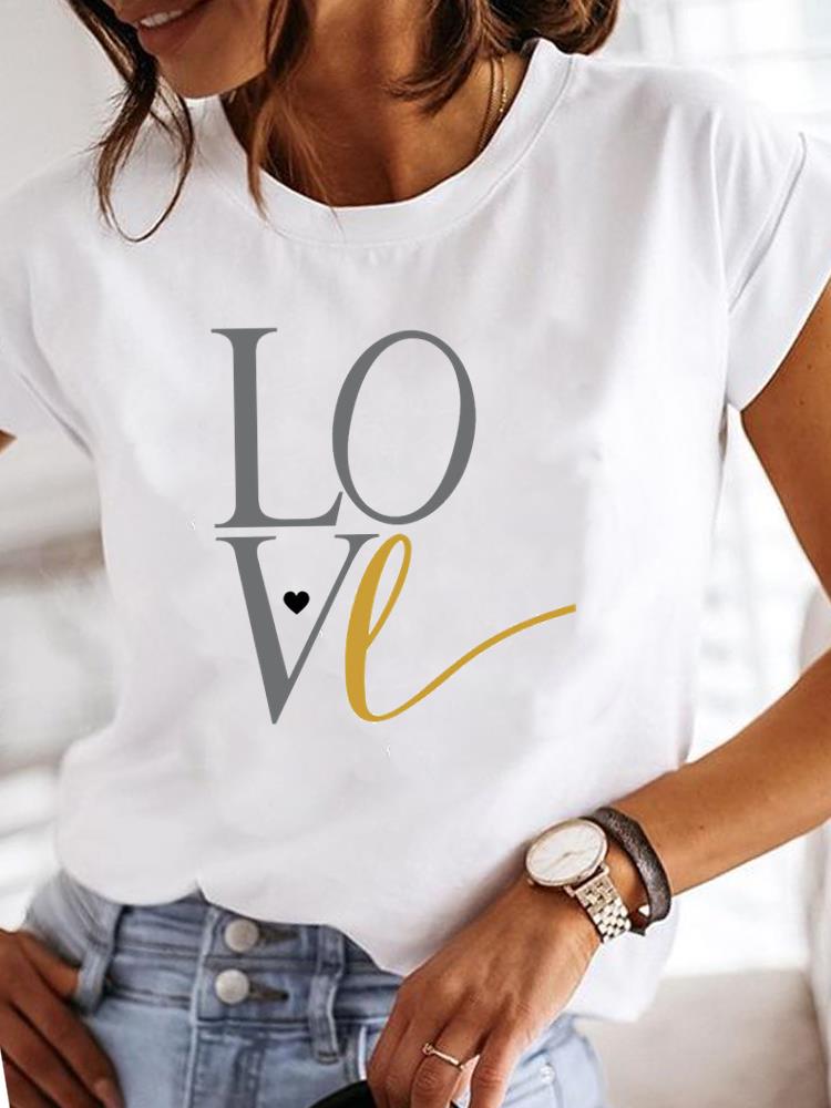 (Asian Size) Women Tee Top Clothing Watercolor Letter Sweet 90s Casual Short Sleeve Fashion Print Lady Tshirt Female Graphic T-shirts