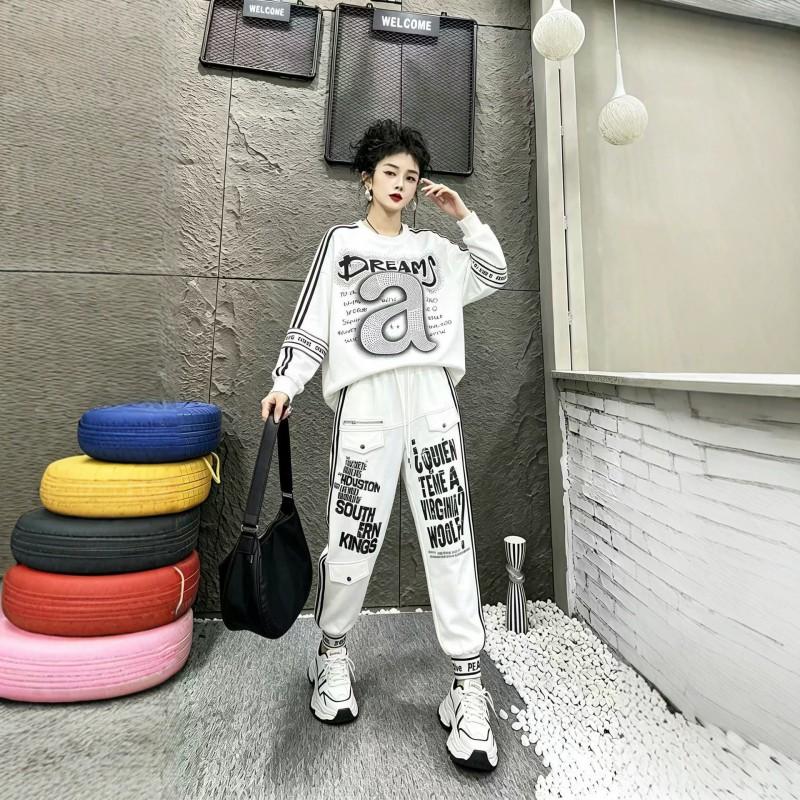 Womens 2026 Streetwear Tracksuit Set Loose Fit A Letter Print Rhinestone Detail Drawstring Jogger Pants Two-Piece