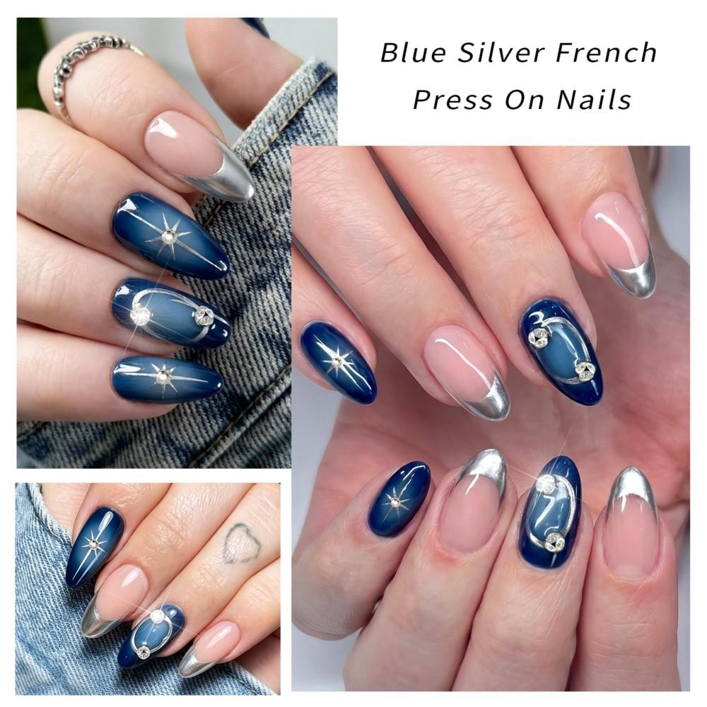 24Pcs Shiny Star Ombre Blue Medium Almond Press On Nails 3D Metal Silver French Diamond False Nails Full Cover Acrylic Nails D&4