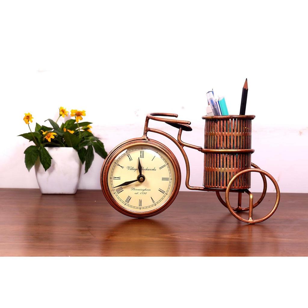 Pen Stand for Office Table Iron Antique Cycle Shaped Vintage Pen Holder with Clock Stylish Pencil Holder for Office and Home Decoration