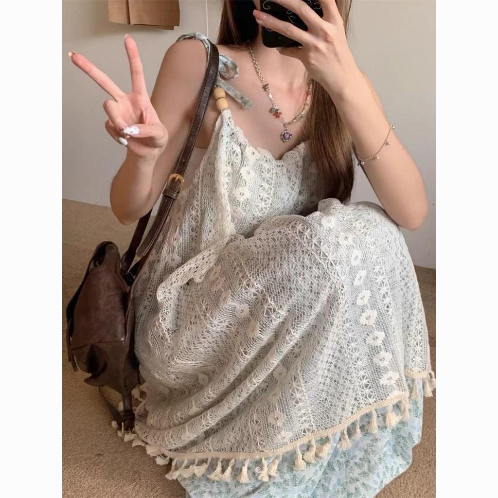 Милое Ретро Цветочное Кружевное Платье-Комбинация с Бахромой для Пляжного Отдыха