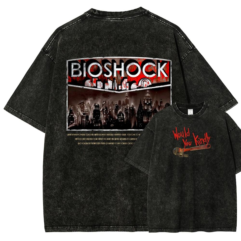 Bioshock Постиранная Футболка Одежда с Личностью Новая Модель Аниме Футболка Круглогодичная Одежда Большого Размера Унисекс Уличная Одежда Мягкая Футболка