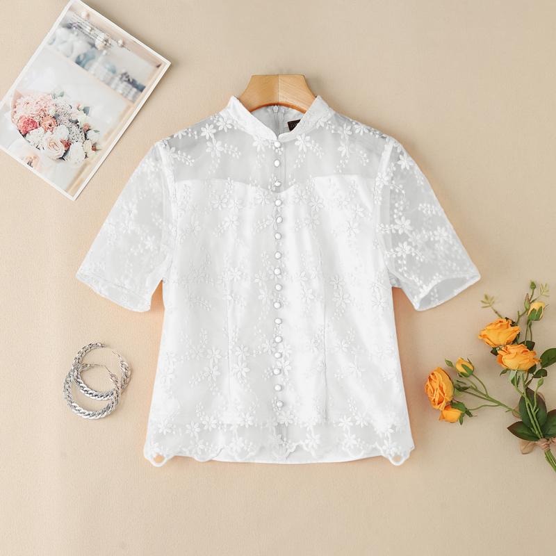 ZANZEA Женская повседневная блузка с воротником-стойкой и коротким рукавом, кружевная вышивка, пэчворк