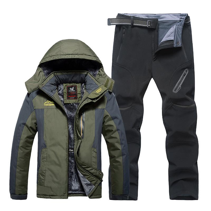 Plus Size 9XL Outdoor Jacket Pants Suit Men's Winter Plus Velvet Thickened Mountaineering Suit Jacket Pants Including Belt Suit