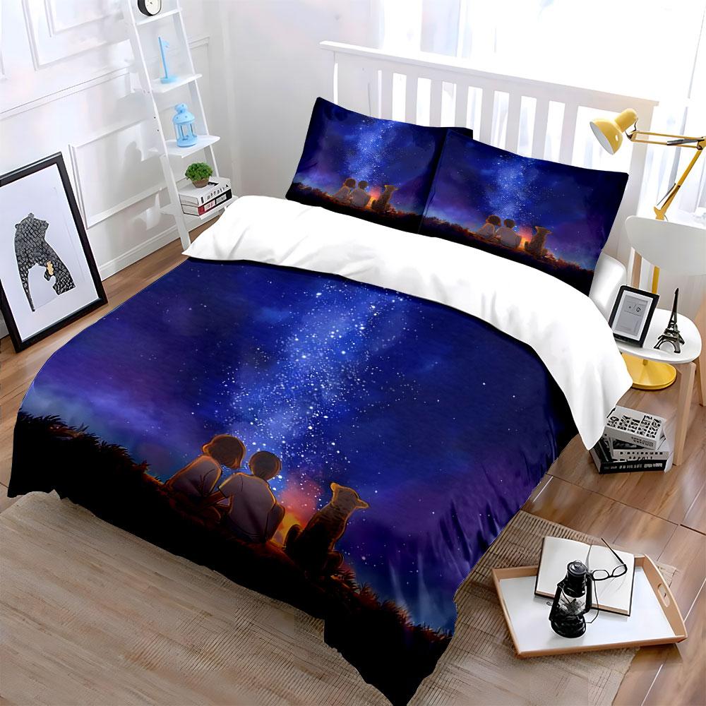 Starry Night Camping Scene Bedding Duvet Cover Set Duvet Cover Pillowcases (1*Duvet Cover 2*Pillowcases, without duvet insert)