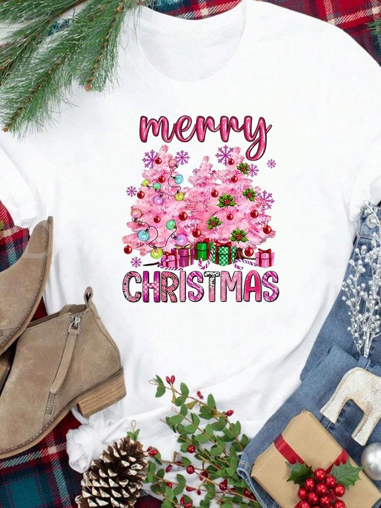 (Asian Size) Star Trend Cute New Year Festival Women Print Holiday Tee Top Merry Christmas Casual Lady Short Sleeve Fashion Graphic T-shirts