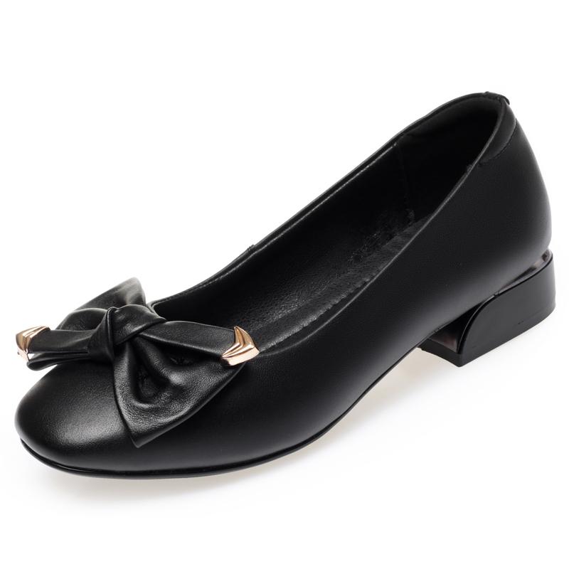 Женская весенняя обувь, красные туфли из натуральной кожи на среднем каблуке, женская обувь с круглым носком и неглубоким бантом