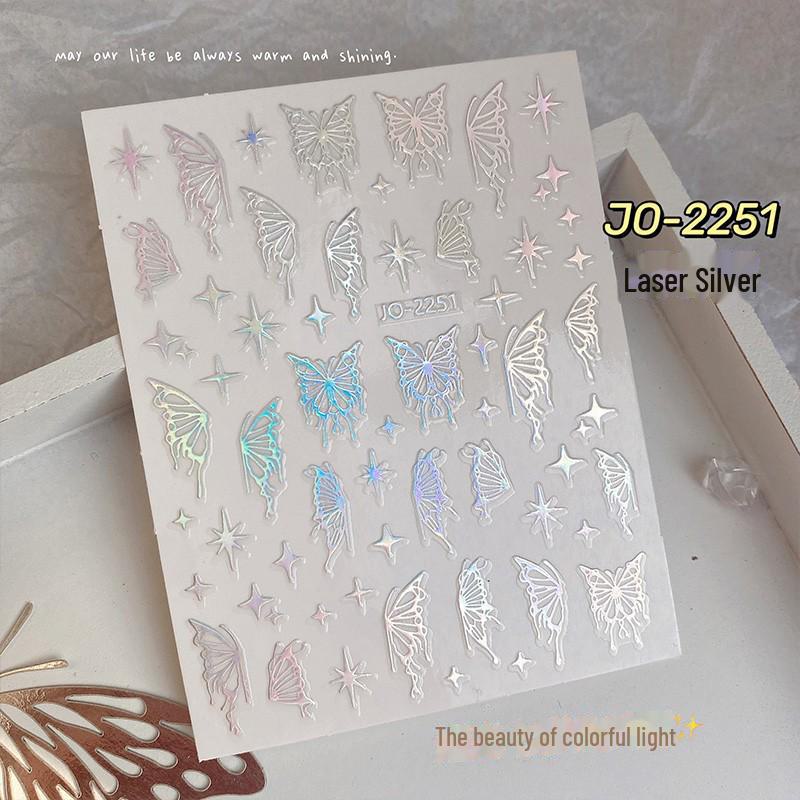 Xiaohongshu DIY лазерные наклейки для ногтей, расписанные вручную: Черные, белые, золотые и серебряные крылья бабочки с клейкой основой.