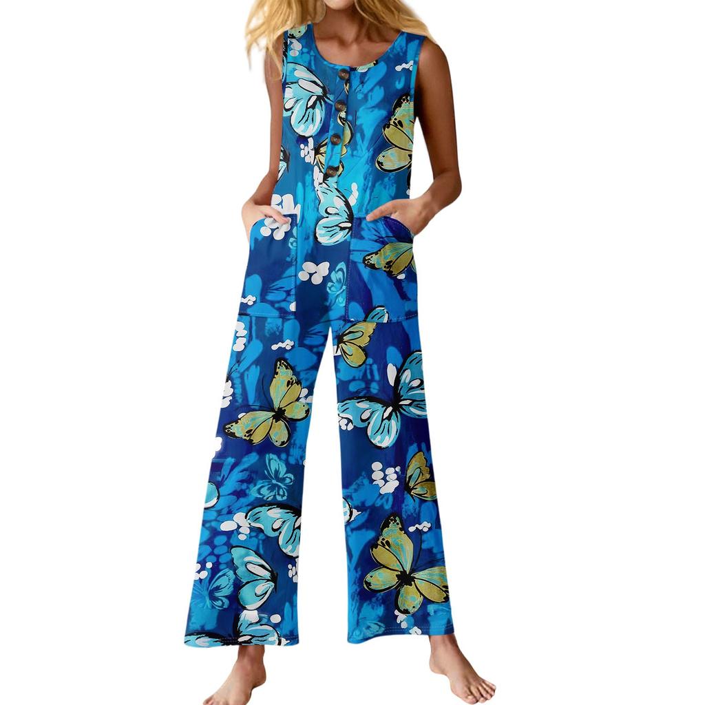 Women's Fashion Casual Button Sleeveless Jumpsuit Floral Flower Print Cotton Pocket Jumpsuit