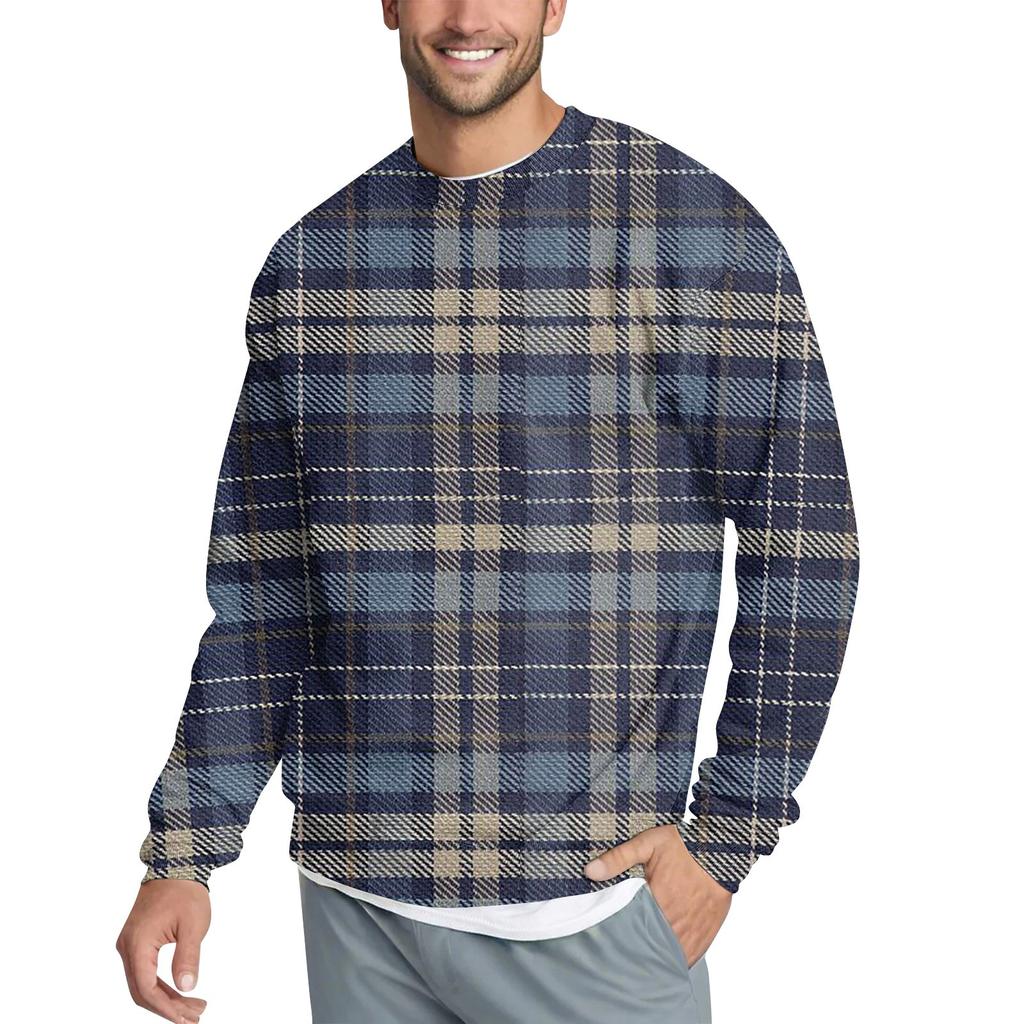 Мужская повседневная мода удобная клетчатая круглая горловина пуловер толстовка свитшот