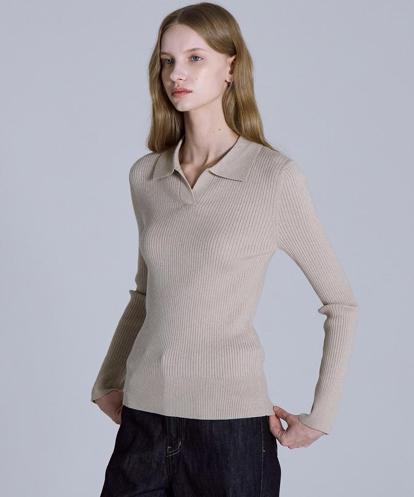 BASIC HOUSE Women'S Collared Long Sleeve Sweater Beige Lykt7203