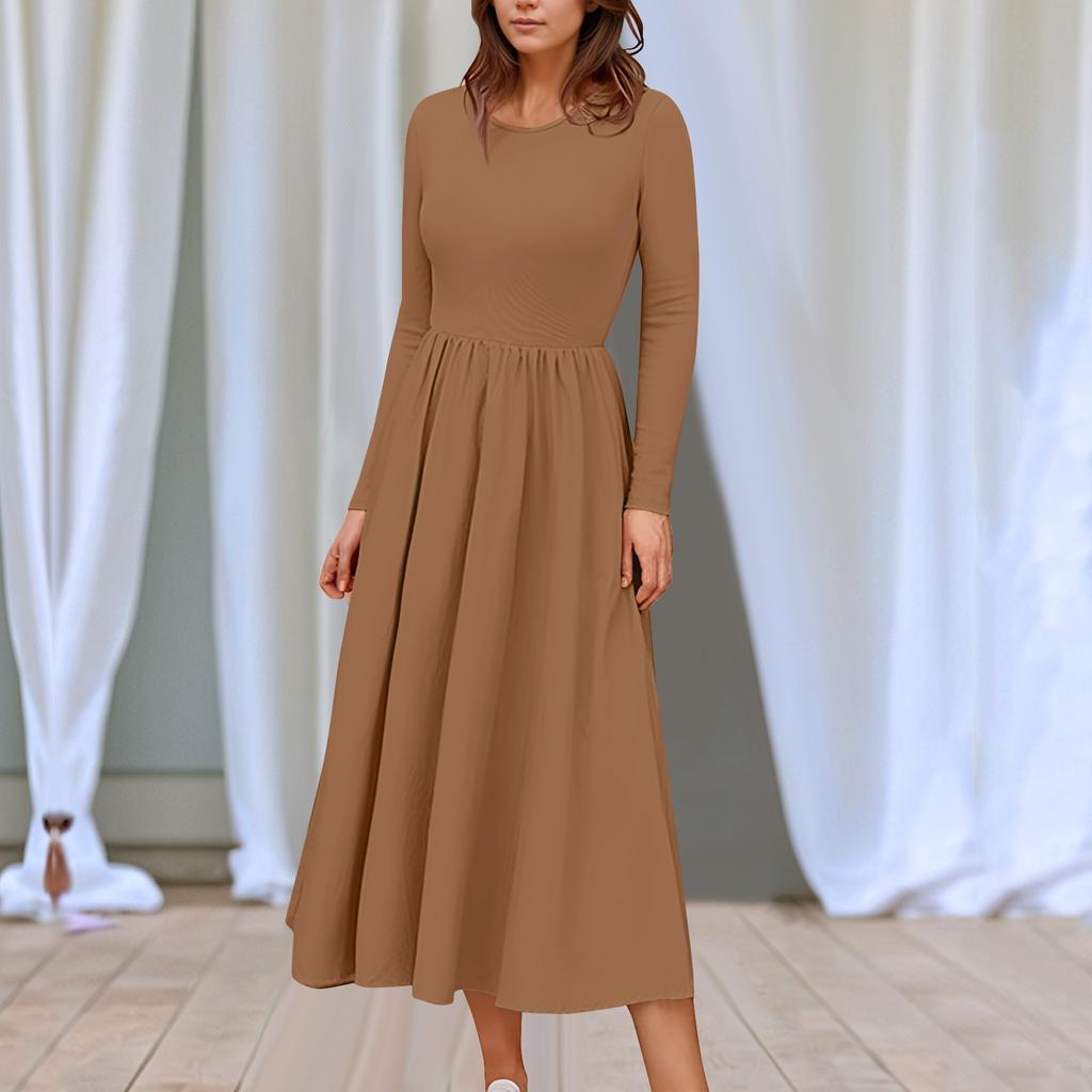 Women's Solid Color Midi Boho Dress Casual Long Sleeve Flowy Smocked Dresses With Pocket Summer And Spring