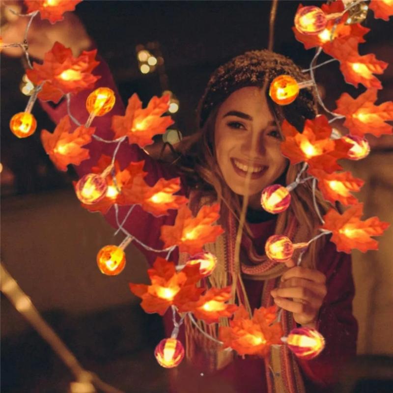 1pc Halloween 3D Pumpkin & Maple Leaves String Lights Decorative Lamp for Home Thanksgiving Harvest Autumn Indoor Festival Decor
