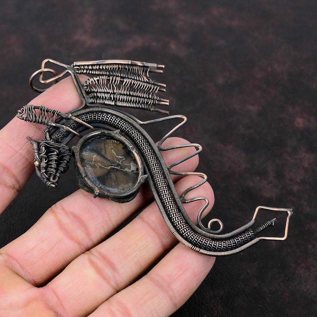 Подвеска с хиастолитом, медная проволока, кулон, дизайн дракона, кулон, ювелирные изделия ручной работы, кулон с драгоценным камнем, антикварная медная подвеска, подарок для жены