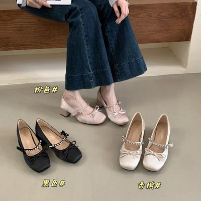 2025 новая осенне-зимняя модная атласная обувь-лодочки с бантом, на толстом высоком каблуке, с открытым мыском, универсальная, женская, для офиса