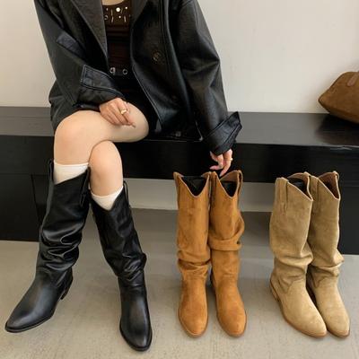 Длинные рыцарские сапоги на толстом каблуке с плиссировкой женская обувь 2025 новая осень-зима западные тонкие длинные сапоги