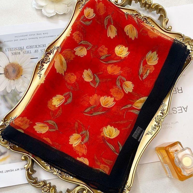 Летний Шарф из Шёлкового Жоржета с Принтом Магнолии, Женский Длинный Мягкий Шарф-Накидка, Пляжный Платок, Женские Платки