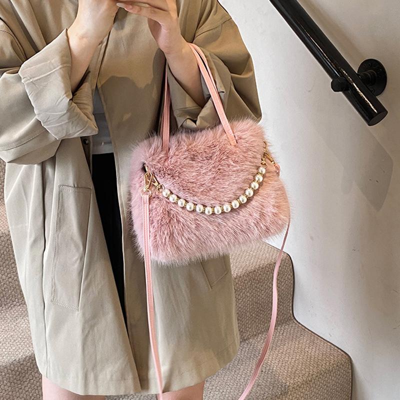 Hairy Handbag Pearl Chain Plush Small Square Bag For Women Fashion Elegant Shoulder Crossbody Bag Autumn Winter Versatile Totes