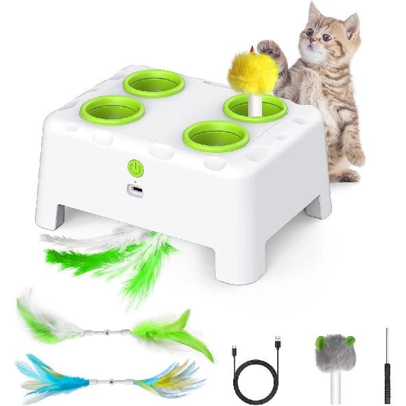 Whack A Mole Automatic Pop-Up Rechargeable Feather Toy for Cats Dogs Interactive Playing Kitten Training Pet Supplies