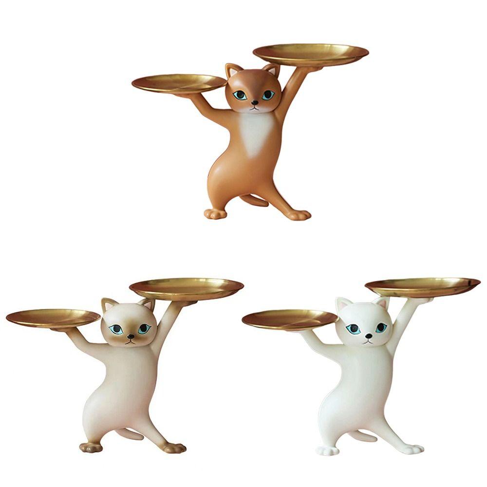 Whimsical Design Cat Support Tray Resin Ket Candy Dish Cartoon Cat Figurine Room Decoration