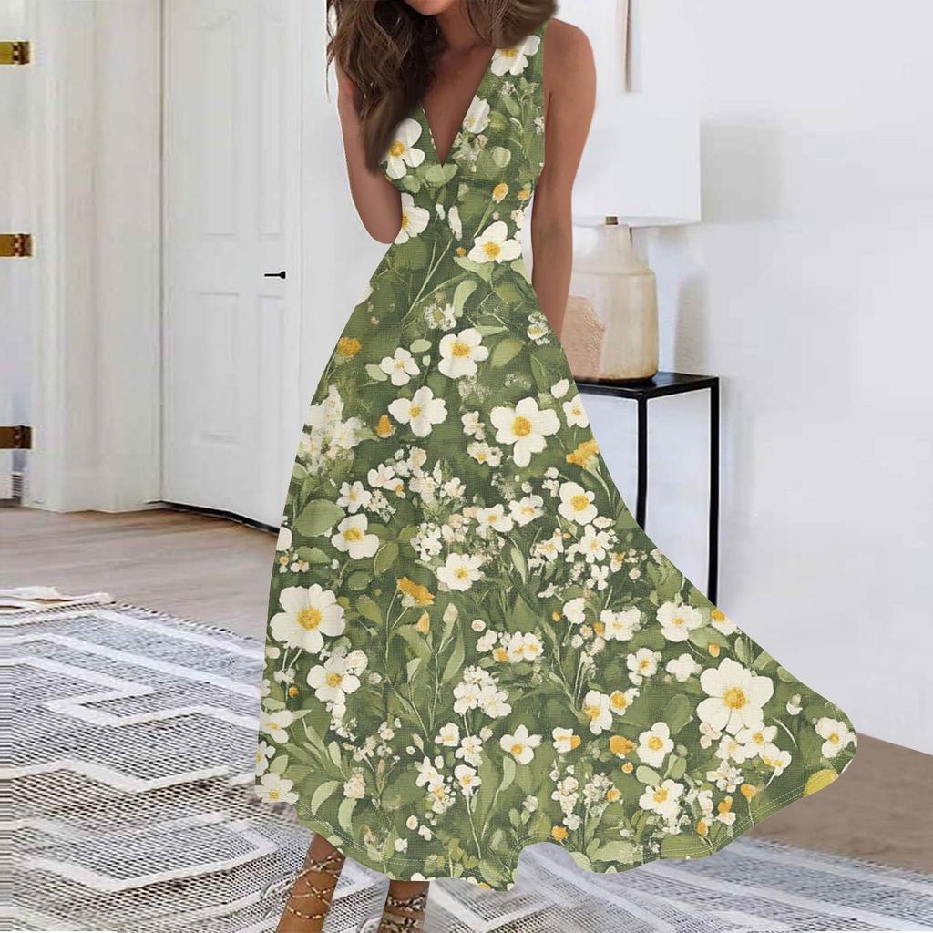Женские модные повседневные свободные платья с V-образным вырезом без рукавов с принтом