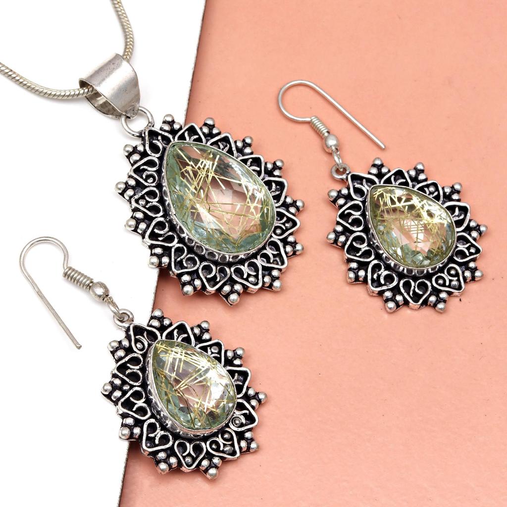 Рутиловый золотой комплект сережек 18-20'' подвеска кварц стерлингового серебра