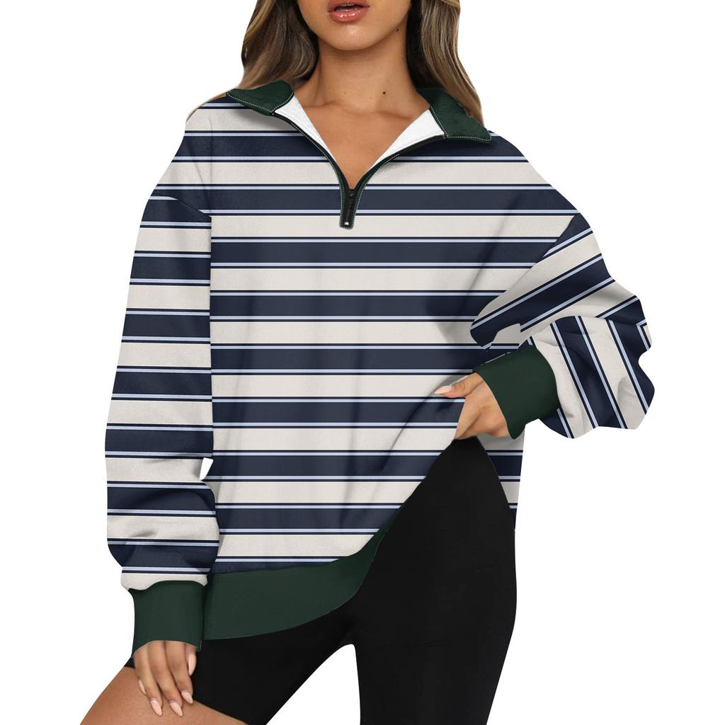 Women's Fashion Lapel Striped Printed  Long Sleeve Zip Sweatshirt Top