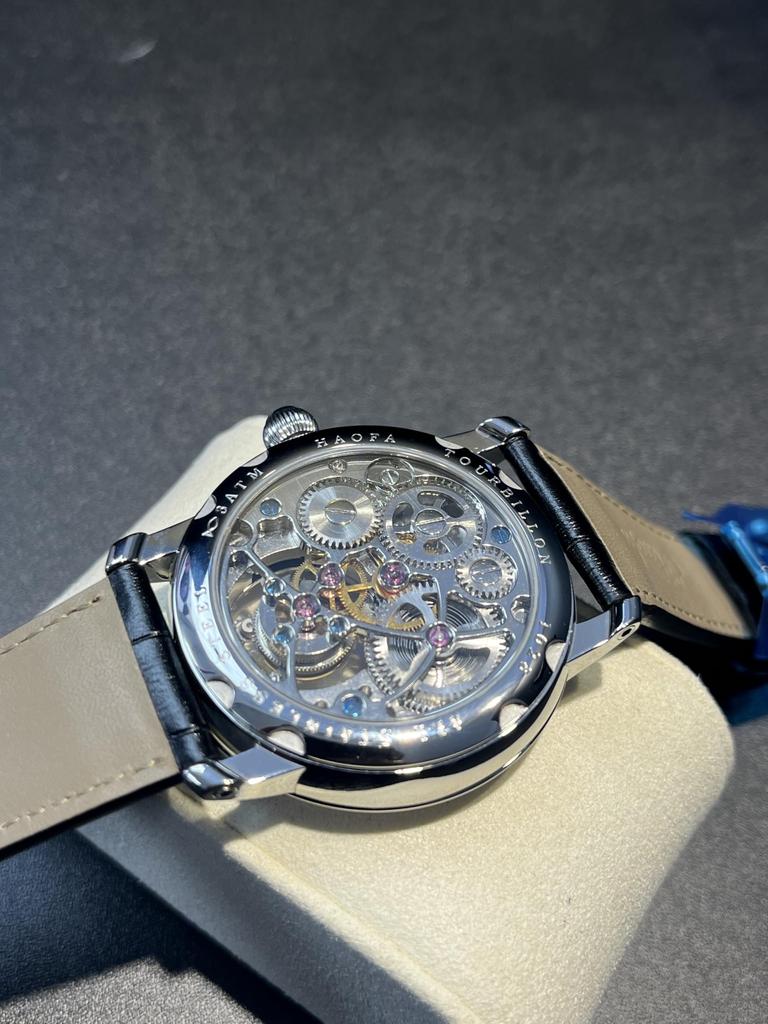 Часы HAOFA Tourbillon, механические, с фазами Луны, GMT, ремешок из натуральной кожи, циферблат с гравировкой, стильные, водонепроницаемые, наручные, мужские