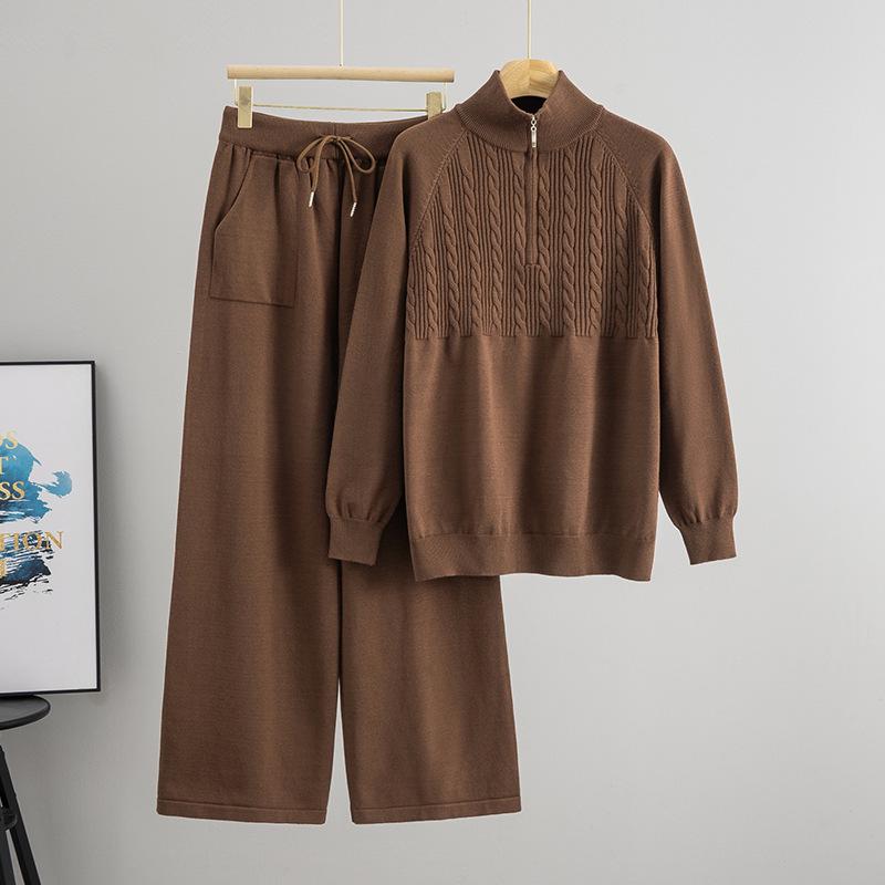 Женский модный вязаный комплект Осень/Зима: Свитер на молнии до середины и брюки широкого кроя